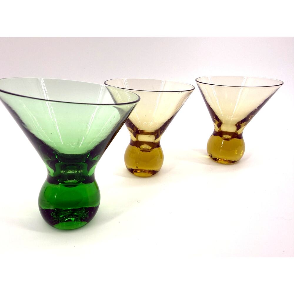 Vintage Mid Century Colored Stem Shot Glasses Green Amber Lot of 3